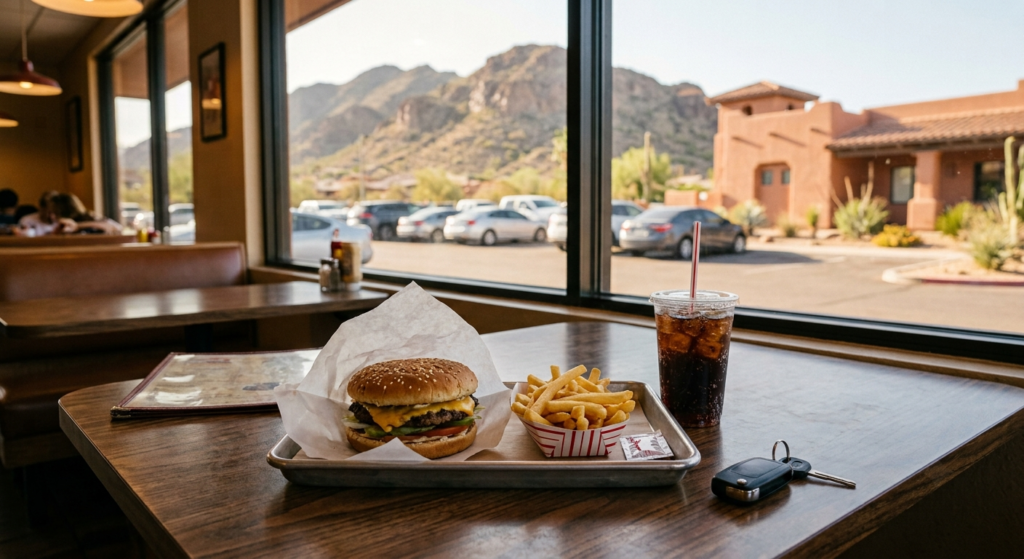 Fast food meal tray on table near desert parking lot and mountains