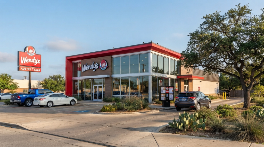 Wendy's fast food restaurant exterior in Austin, Texas, showing red-roofed building, drive-thru lane, and Wendy's logo signage