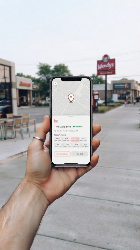 Restaurant locator app showing daily store hours and open status by location