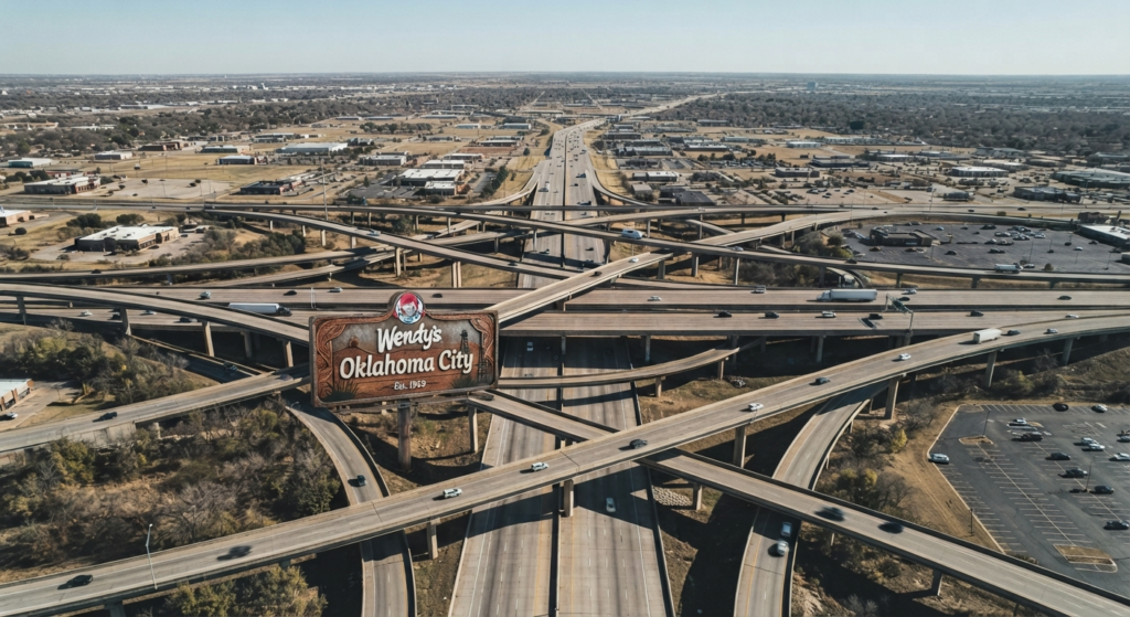 Aerial view of an Oklahoma City interstate highway interchange representing I-35, I-40, and I-44 access