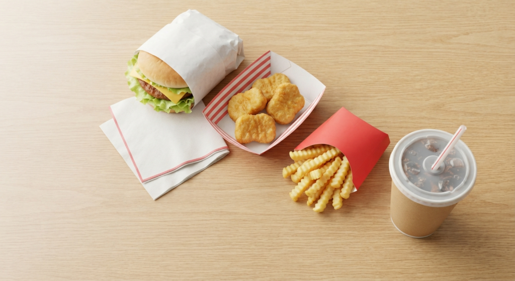 Flat-lay of a fast-food value meal bundle with sandwich, nuggets, fries, and drink, representing the Biggie Bag on the San Antonio Wendy's menu