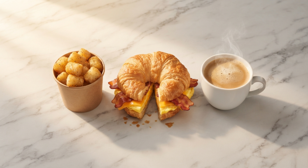 Breakfast croissant sandwich with seasoned potatoes and coffee, representing the San Antonio Wendy's breakfast menu