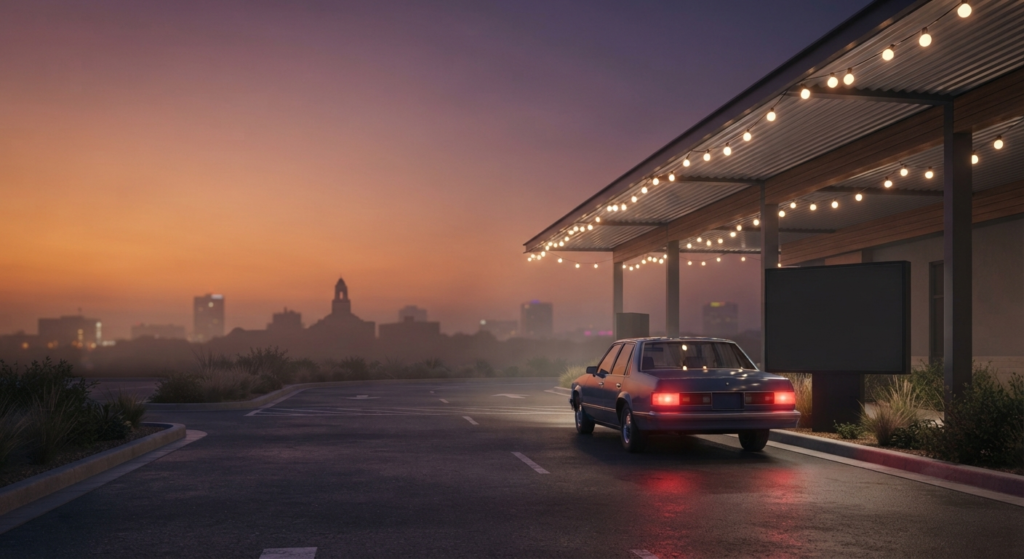 Illustration of a fast-food drive-thru lane at dusk with a South Texas skyline silhouette, representing drive-thru access at San Antonio Wendy's locations