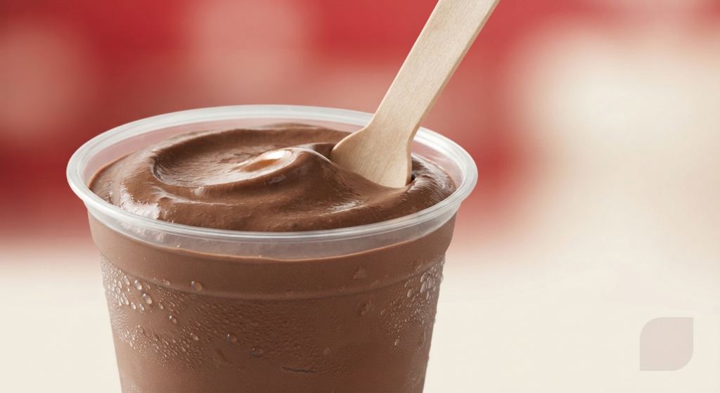 Close-up of a chocolate Frosty dessert in a clear cup with a spoon, representing the Frosty item on the San Antonio Wendy's menu