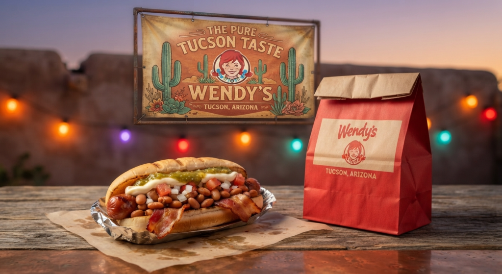 Tucson Sonoran-style hot dog from a street food cart next to a Wendy's take-out bag, showing local food culture alongside fast food
