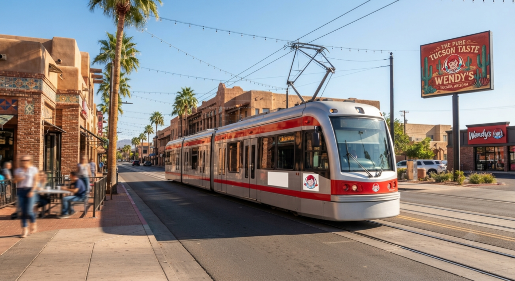 Tucson Sun Link streetcar traveling through downtown near Fourth Avenue, used to reach nearby Wendy's locations