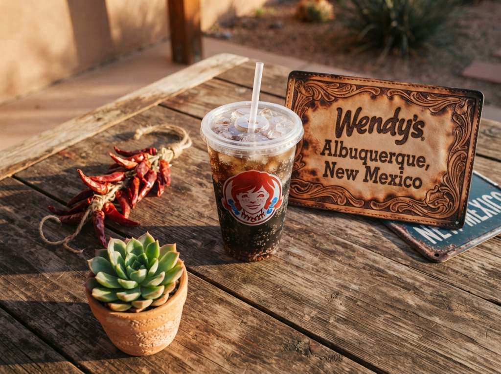Wendy's drink cup with red chile ristra and Route 66 sign representing Albuquerque's local food culture and fast food dining option