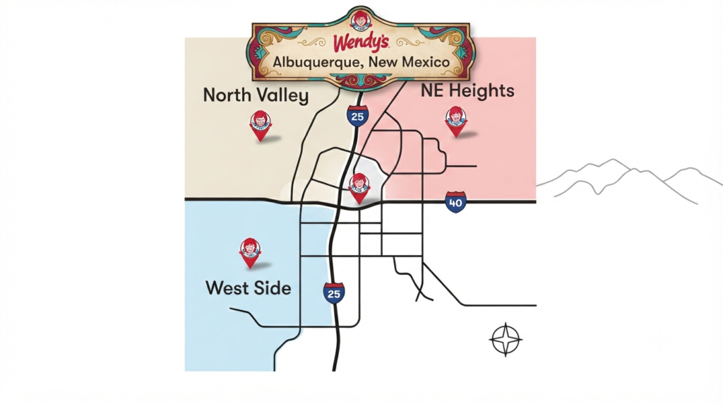 Illustrated map showing Wendy's location clusters in Albuquerque's NE Heights, West Side, and North Valley near I-25 and I-40