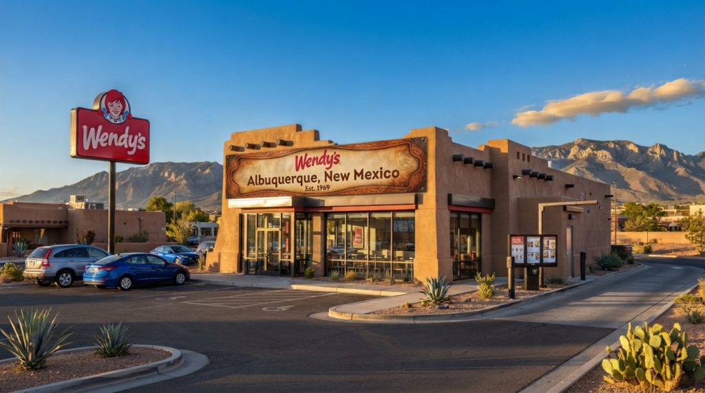 Wendy's fast food restaurant exterior in Albuquerque, NM with Sandia Mountains in the background and Wendy's logo signage