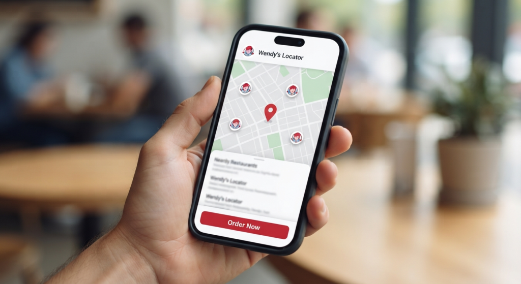 Smartphone showing a restaurant locator app with a map pin and the Wendy's logo, used to find nearby Kansas City locations