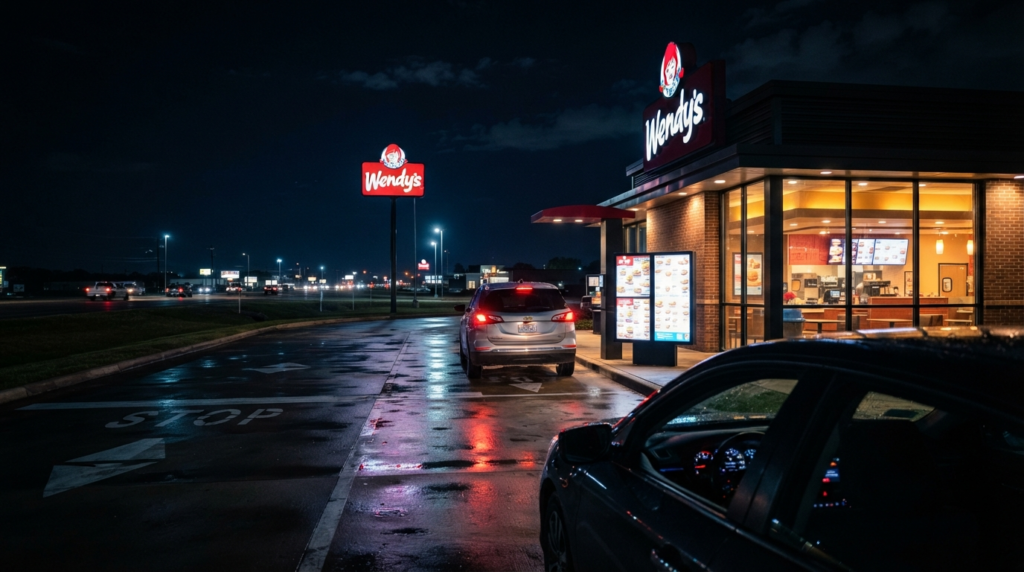 Wendy's drive-thru lane lit up at night with illuminated Wendy's logo sign, representing 24-hour locations in Austin