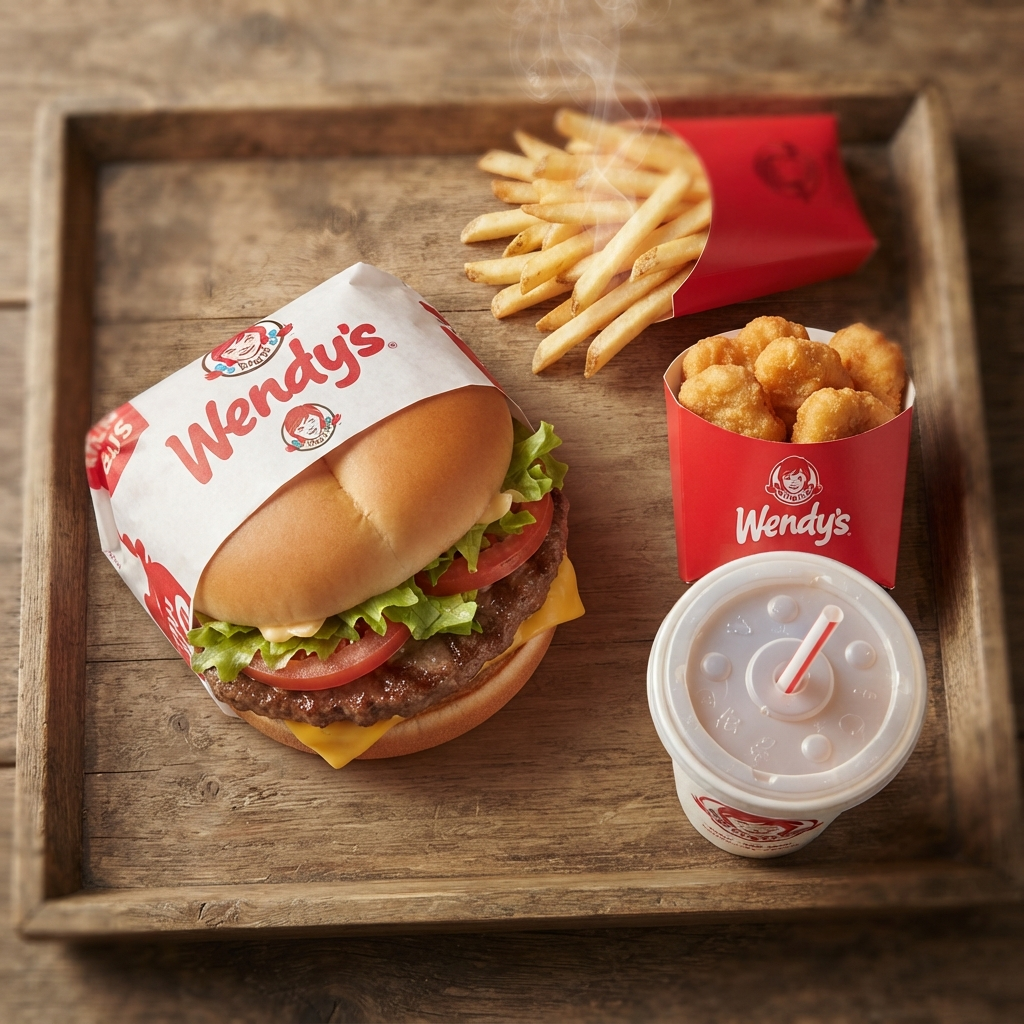 Wendy's Biggie Bag combo meal featuring a burger, chicken nuggets, small fries, and a soft drink, with Wendy's logo on the packaging