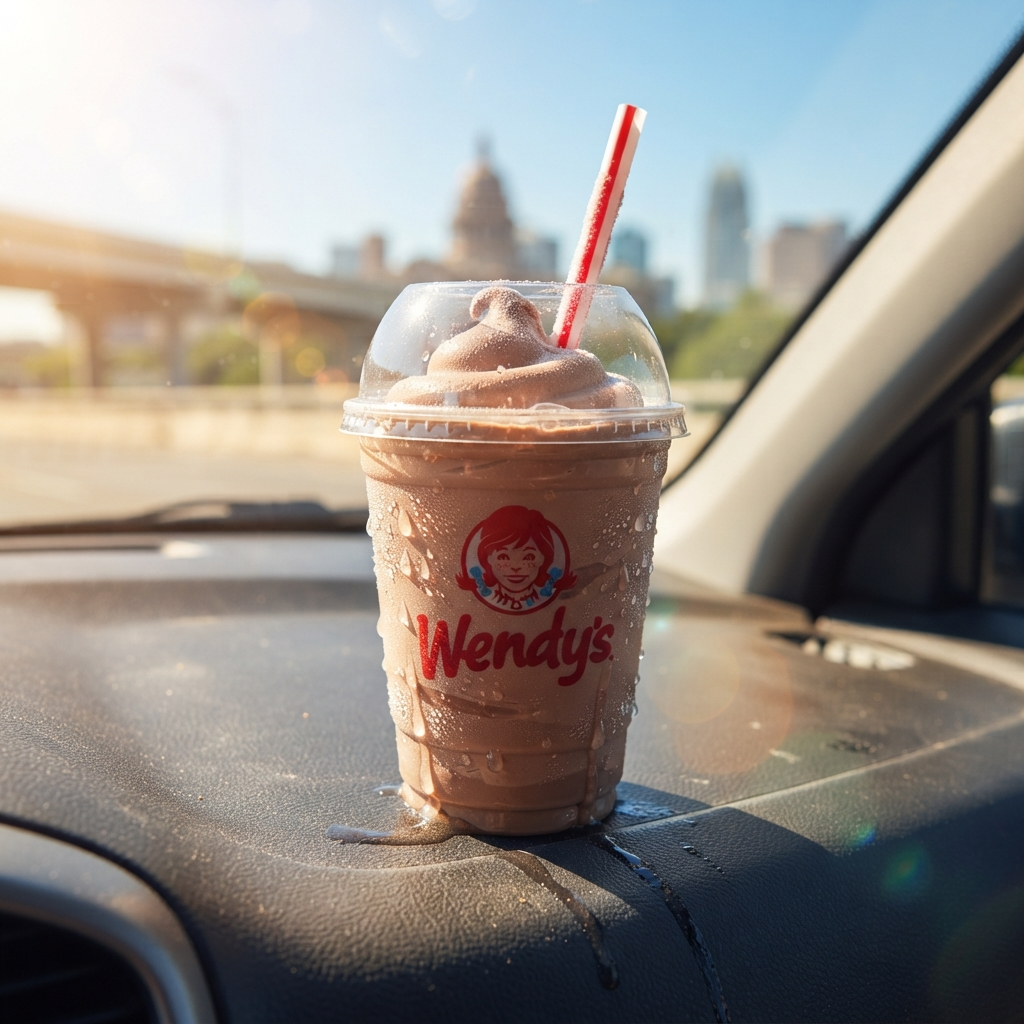 A Wendy's chocolate Frosty cup with condensation on a hot Austin Texas summer day, Wendy's logo visible on the cup
