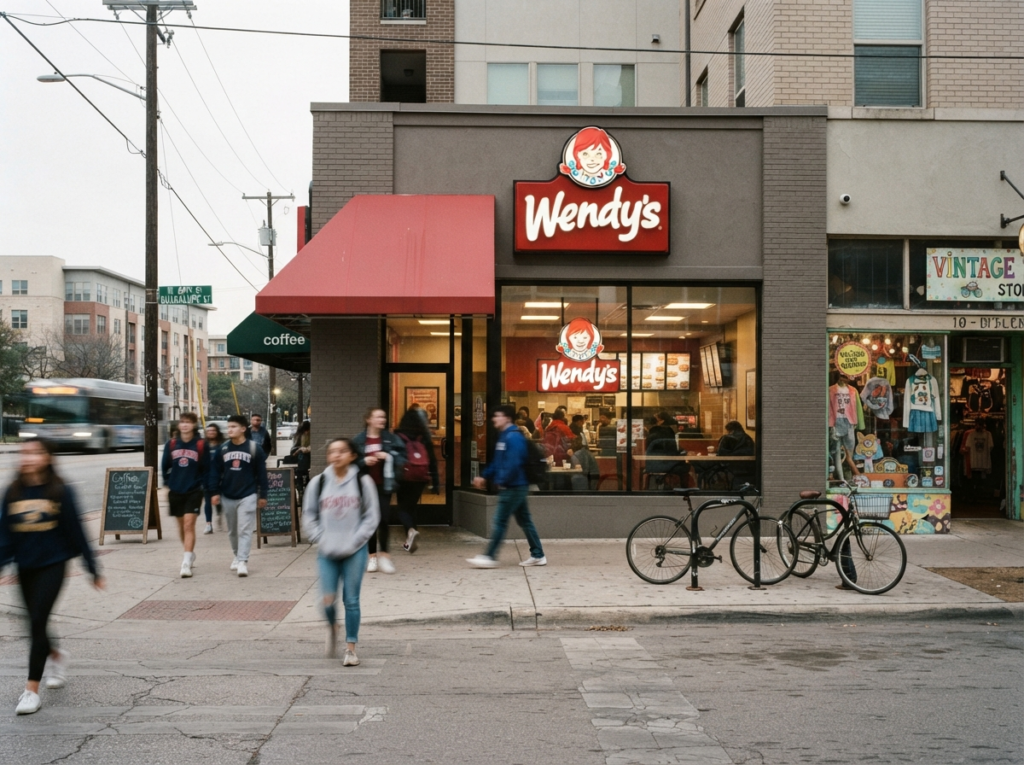Wendy's restaurant storefront near the University of Texas at Austin campus with students walking nearby and Wendy's logo signage