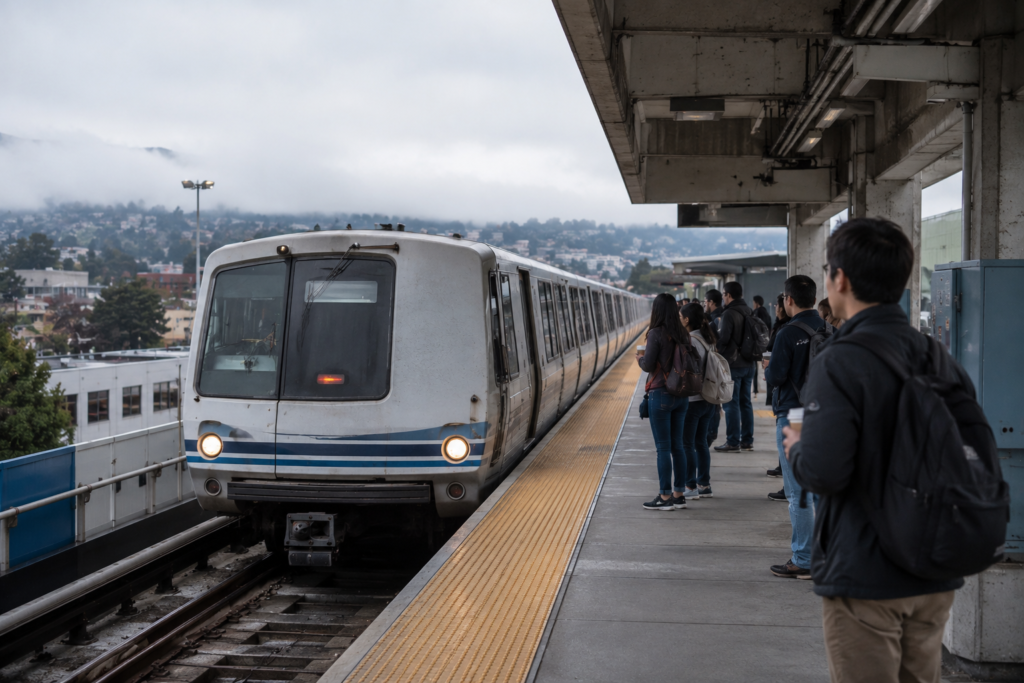 BART commuter train arriving at an elevated station platform in the San Francisco Bay Area