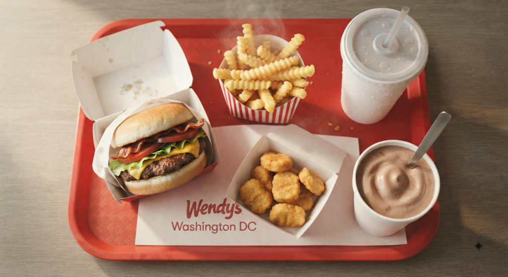 Wendy's Biggie Bag combo with burger, nuggets and fries next to a Baconator burger and chocolate Frosty