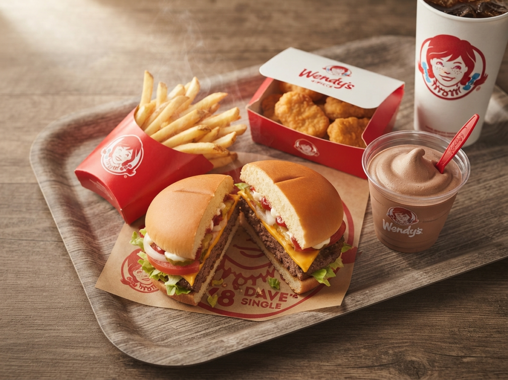 Wendy's Biggie Bag combo with Dave's Single burger, fries, nuggets, and Frosty available at Albuquerque locations