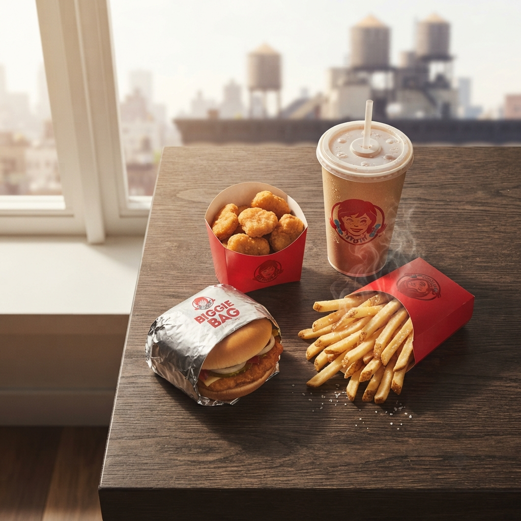 Wendy's Biggie Bag meal with sandwich, chicken nuggets, small fries, and a drink, Wendy's logo cup visible on table