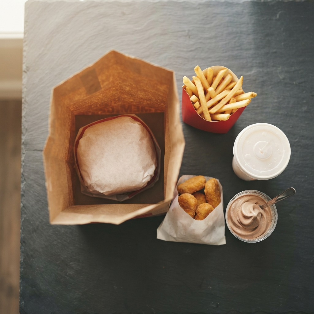 Wendy's Biggie Bag combo meal with fries, nuggets, drink, and a chocolate Frosty dessert