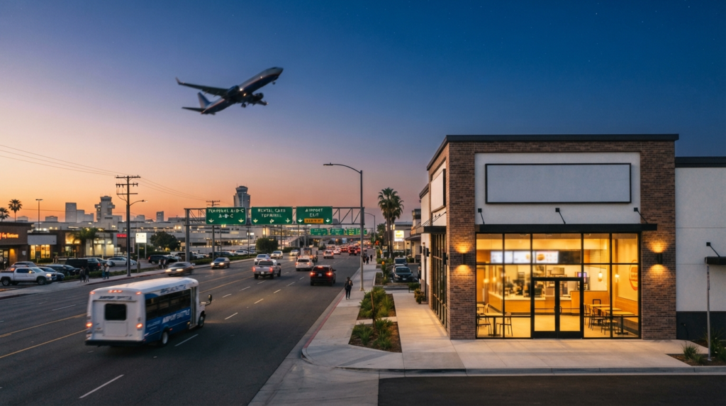 Wendy's storefront on the airport corridor near Charlotte Douglas International Airport with a plane visible overhead at dusk