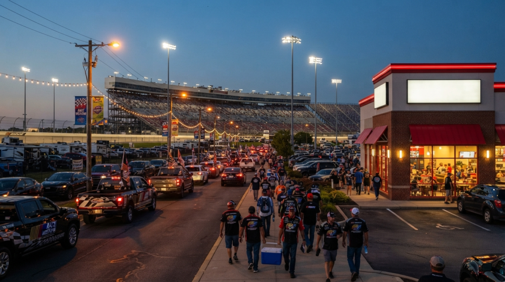 Wendy's location near Charlotte Motor Speedway with fans walking toward the track during a NASCAR race weekend
