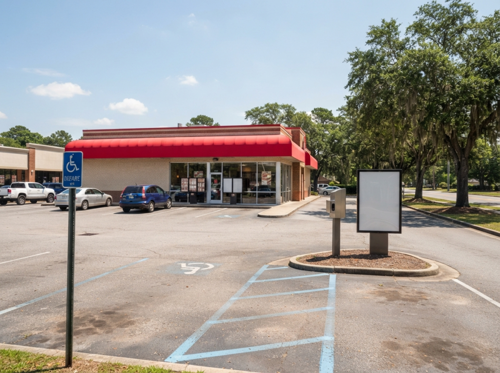 Suburban Wendy's parking lot with accessible parking space and drive-thru menu board