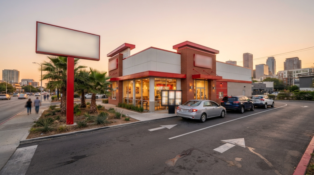 Wendy's drive-thru location exterior with the Uptown Charlotte skyline in the background at golden hour