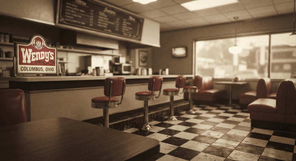 Retro 1960s-style diner interior representing the founding era of Wendy's in Columbus, Ohio
