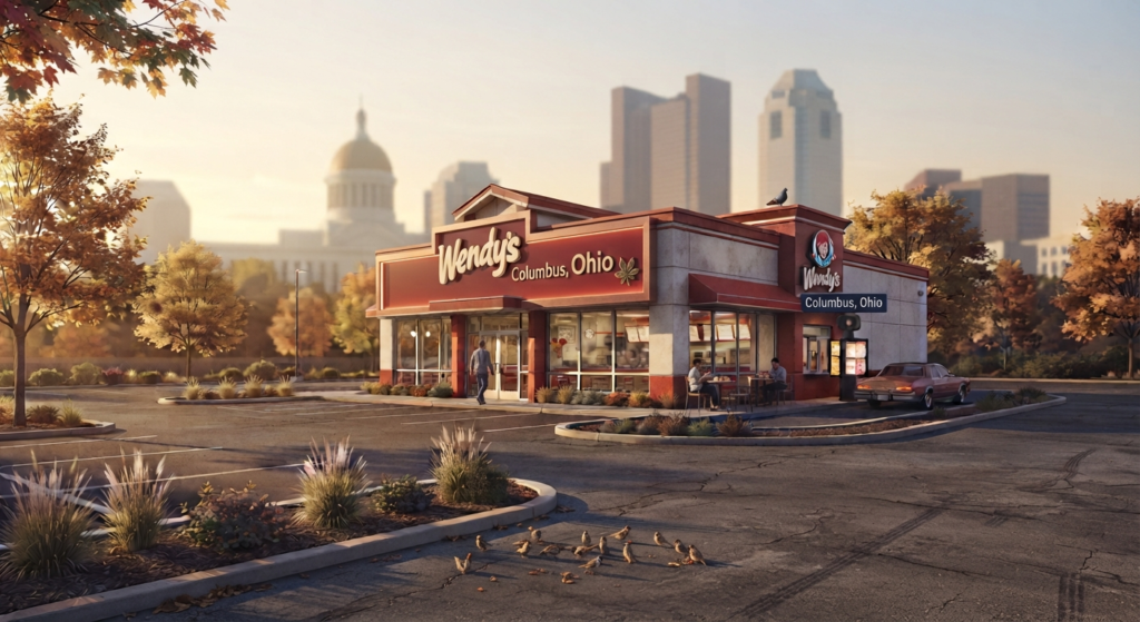 Fast-food restaurant exterior at golden hour with the Columbus, Ohio skyline in the background