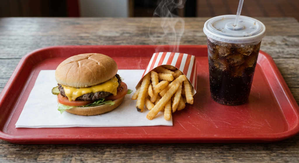 Wendy's Dave's Single Combo with cheeseburger, fries, and drink on a tray