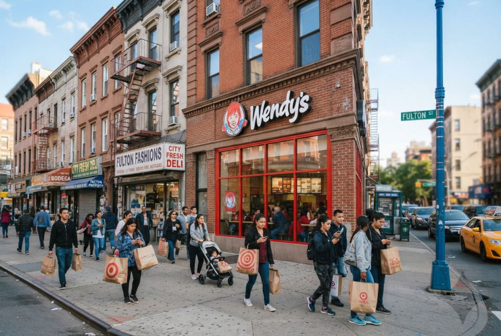 Wendy's restaurant storefront on Fulton Street in Downtown Brooklyn with Wendy's logo signage and shoppers on the sidewalk