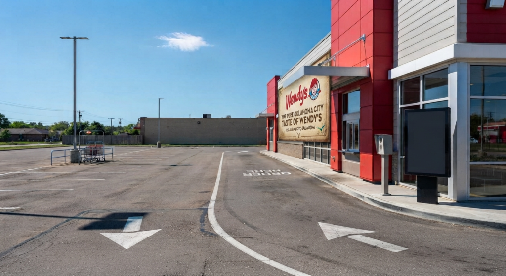 Empty drive-thru lane and on-site parking lot at a standalone Oklahoma City fast food restaurant