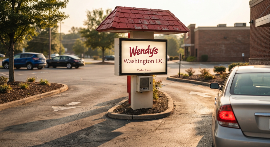 Car at a Wendy's drive-thru order menu board at a suburban Northern Virginia or Maryland location