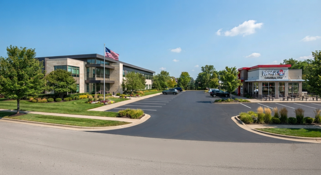 Suburban corporate office campus with a nearby fast-food restaurant in Dublin, Ohio