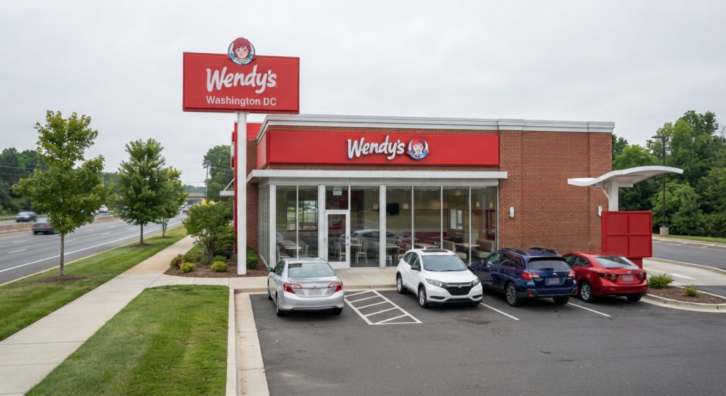 Exterior of a red and white Wendy's fast food restaurant with drive-thru lane in the Washington DC metro area