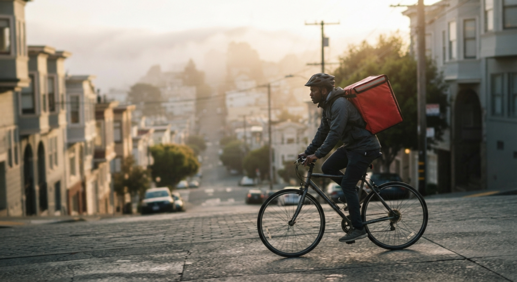 Delivery courier carrying an insulated food delivery bag on a city sidewalk