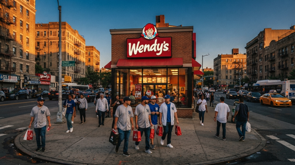 Wendy's restaurant on the Grand Concourse in the Bronx with Wendy's logo sign, Yankee Stadium area streetscape