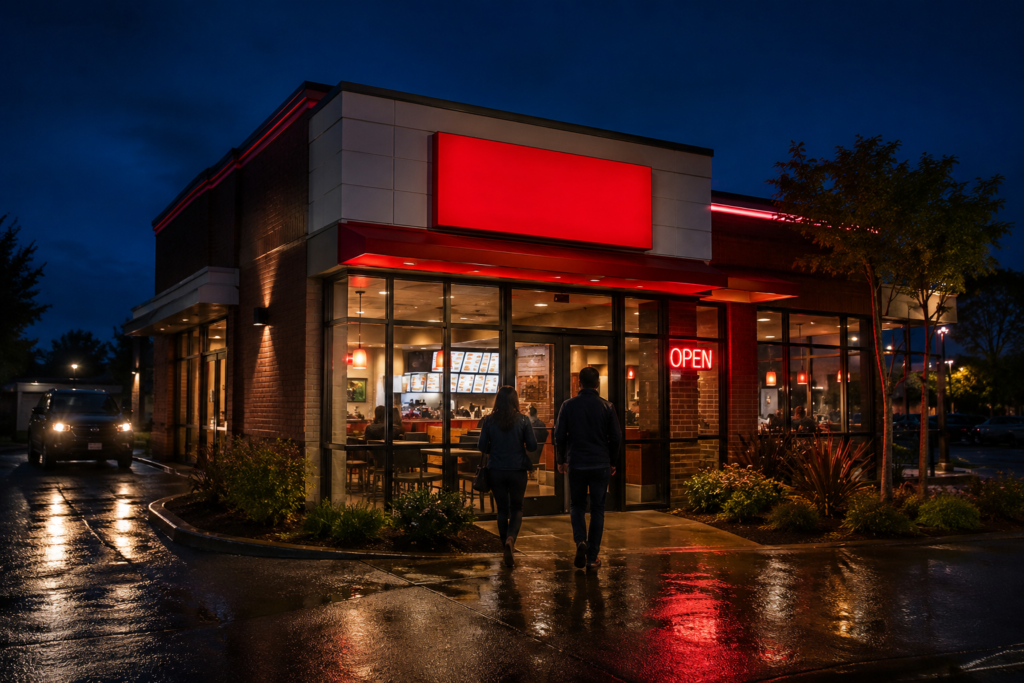 Illuminated fast food restaurant storefront at night showing late operating hours