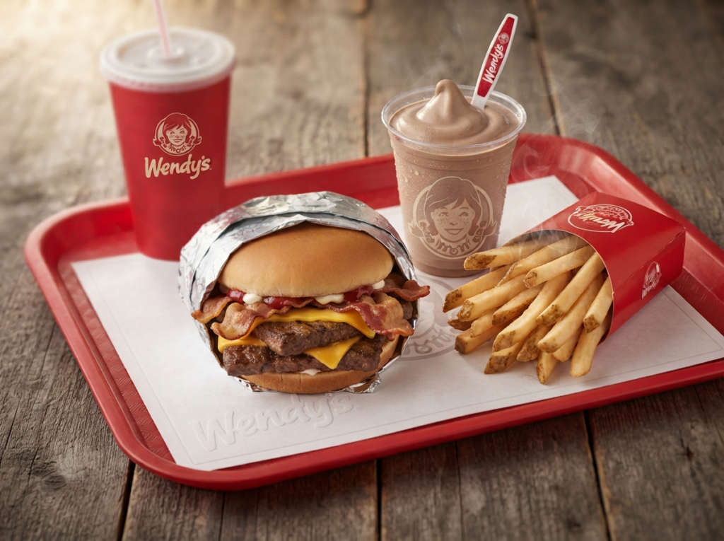 Wendy's Biggie Bag combo meal with a Baconator burger, fries, and a chocolate Frosty on a red serving tray