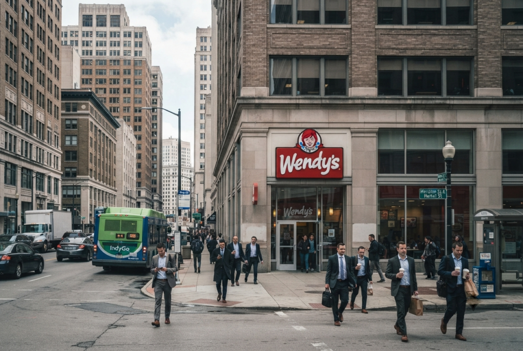 Wendy's restaurant on Meridian Street in Indianapolis with downtown office towers and city buses in the background