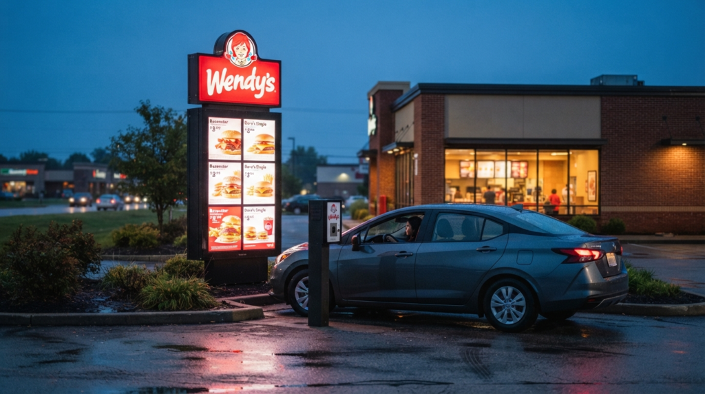 Car in a Wendy's drive-thru lane facing an illuminated outdoor menu board with the Wendy's logo displayed