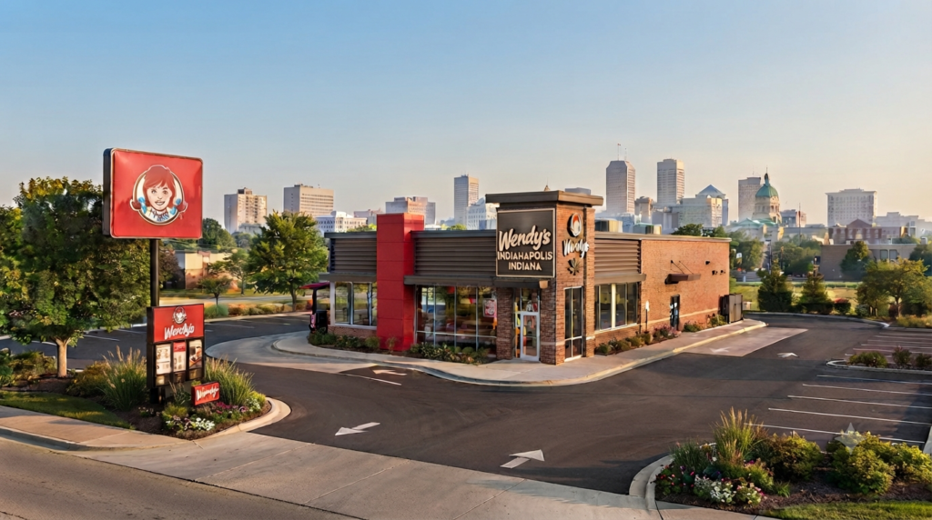 Wendy's fast food restaurant exterior with the Indianapolis, Indiana downtown skyline visible in the background