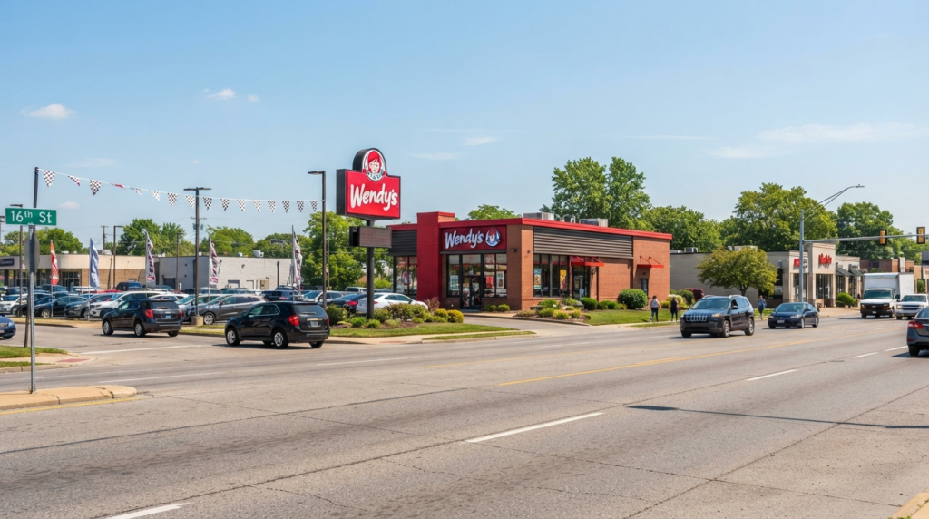 Wendy's restaurant on the west side of Indianapolis near the Indianapolis Motor Speedway with a checkered racing flag motif