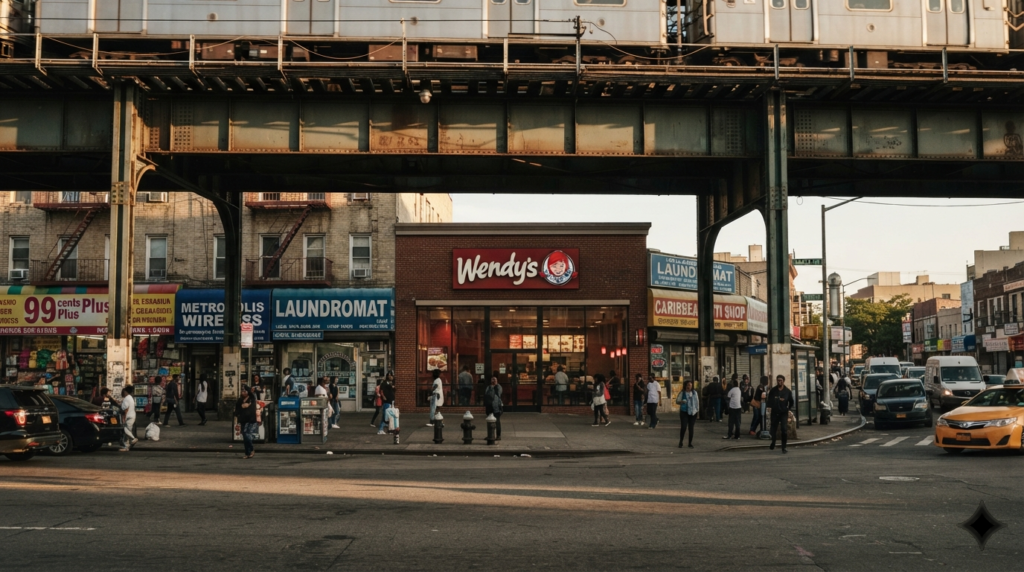 Wendy's restaurant exterior on Jamaica Avenue in Queens, New York with Wendy's logo sign, elevated subway tracks overhead