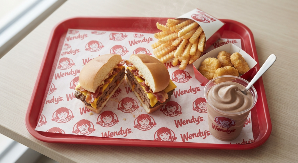 Wendy's Baconator, fries, chicken nuggets, and a chocolate Frosty from the Biggie Bag menu