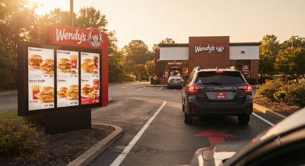 Car in a Wendy's drive-thru lane beside an illuminated menu board with the Wendy's logo in Kansas City