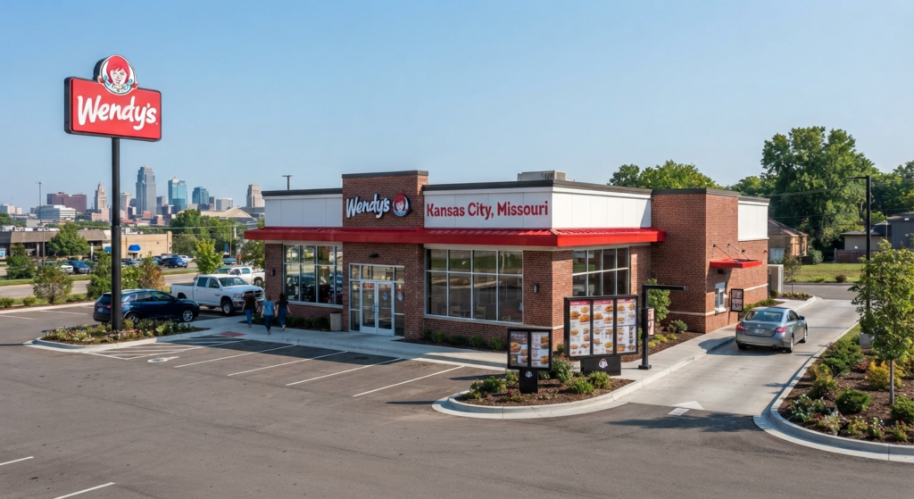 Wendy's fast food restaurant exterior with red and white signage and drive-thru in Kansas City, Missouri
