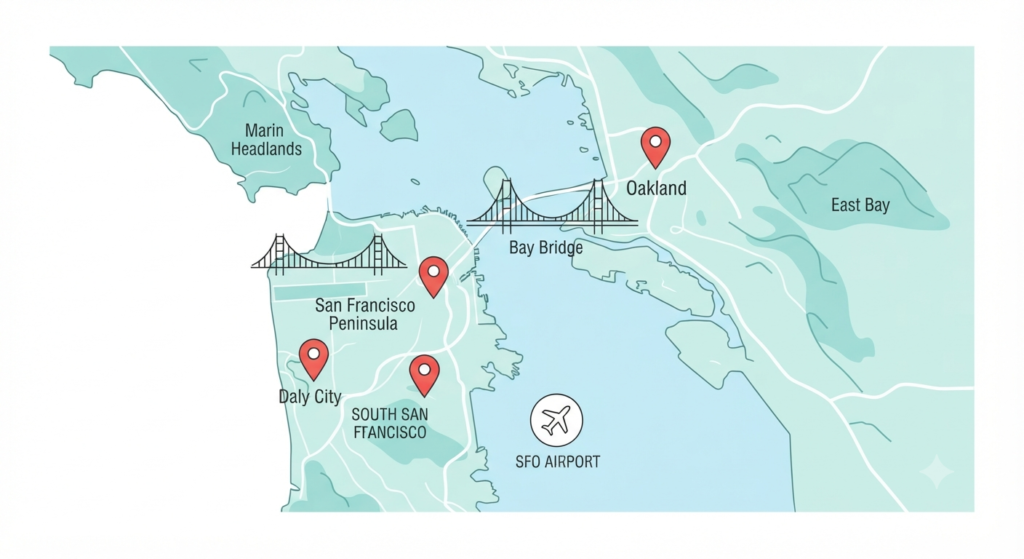 Illustrated map showing pin markers for fast food restaurant locations across the San Francisco Bay Area
