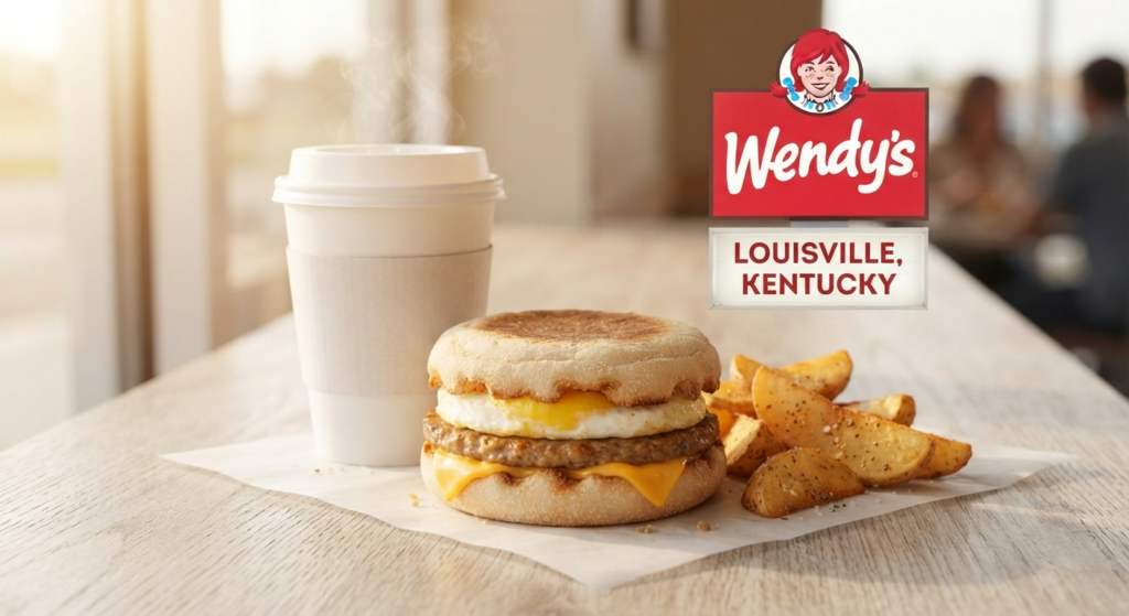 Wendy's breakfast sandwich with egg and sausage next to a coffee cup and seasoned potatoes in morning light