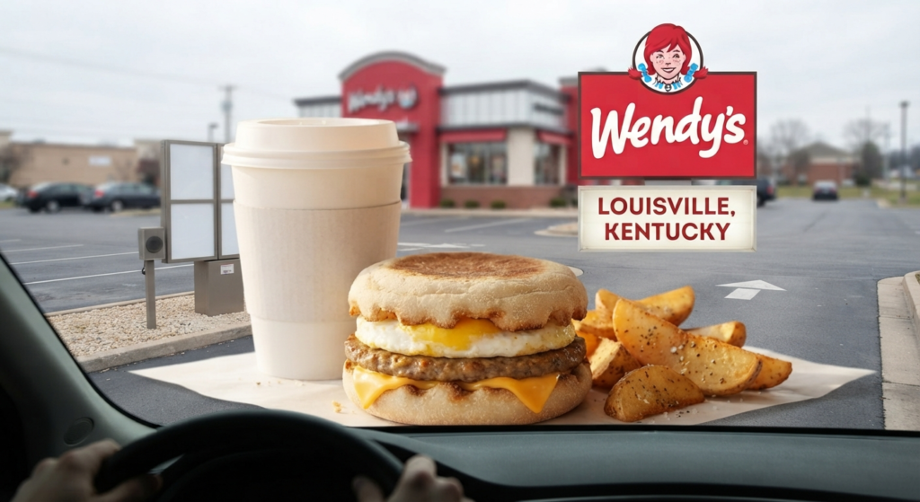 View of a Wendy's drive-thru order point and parking lot from inside a car in Louisville, Kentucky